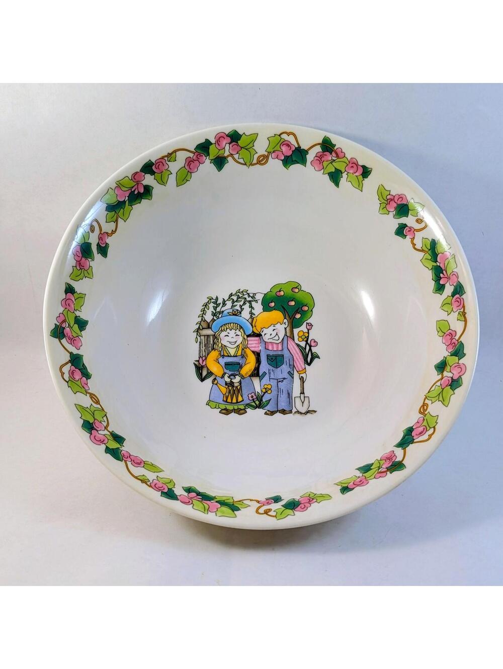Vintage Decorative Ceramic Bowl with Cottagecore Floral and Children Design
